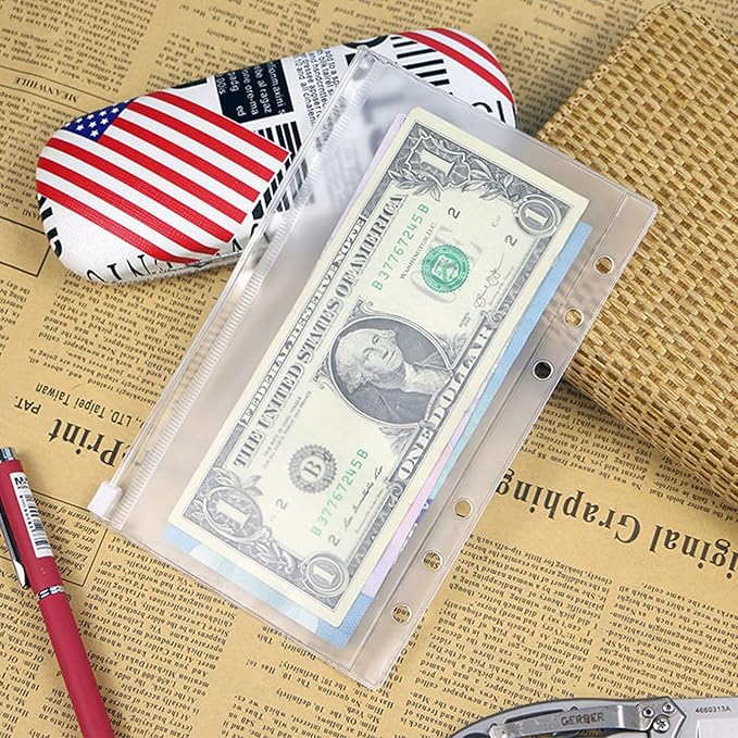 12PCS A6 Size Binder Pockets, Zipper Binder Pocket, 3-Pockets Storing Bag, Two Types, Clear 6-Hole Binder Zipper Folders, Waterproof PVC Zipper Loose Leaf Bags for Home Office School Supplies