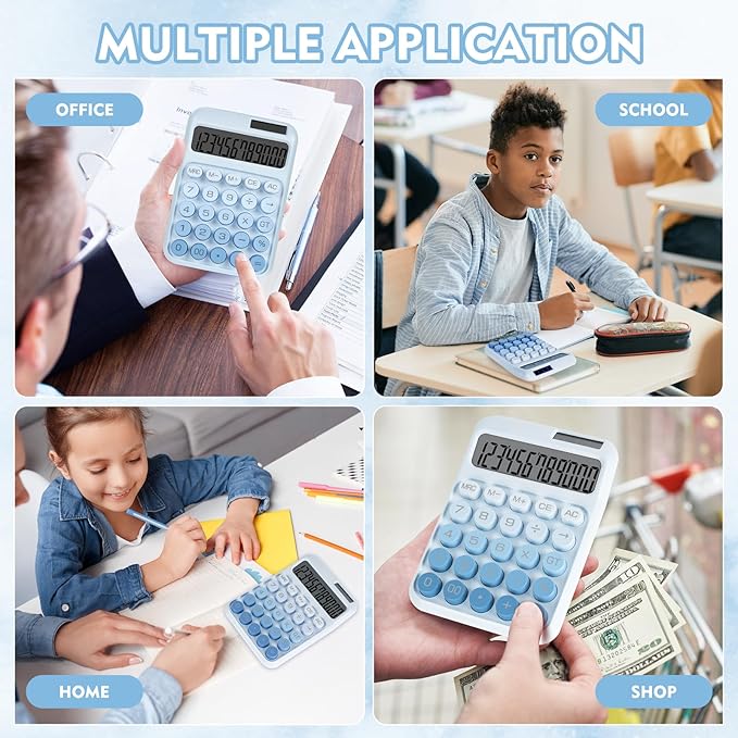 Mechanical Switch Calculator with Big Buttons, Calculators Desktop, 12 Digits, Solar Battery Power, Desk Calculator, Large LCD Display, Cute Blue Calculator for Teachers Students Basic Office