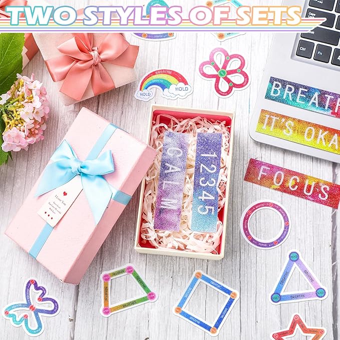 80 Pcs Anxiety Sensory Stickers with Inspirational Quotes Calm Textured Strips Relief Mental Health Stickers School Office Adhesive Sensory Tape Anti Stress Toys for Adults Teens (Cute)