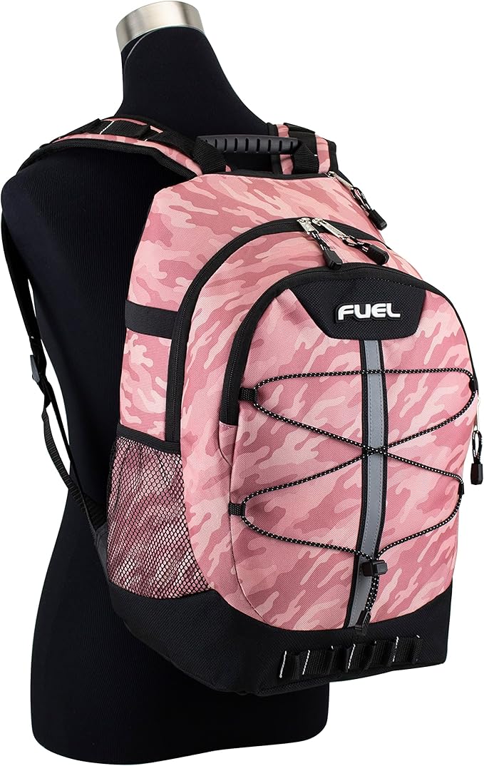 FUEL Hiking Backpack for Women Men Terra Sport, Travel, College, Gym, Work with Laptop Sleeve, Bungee, 18 Inches, Pink Camo
