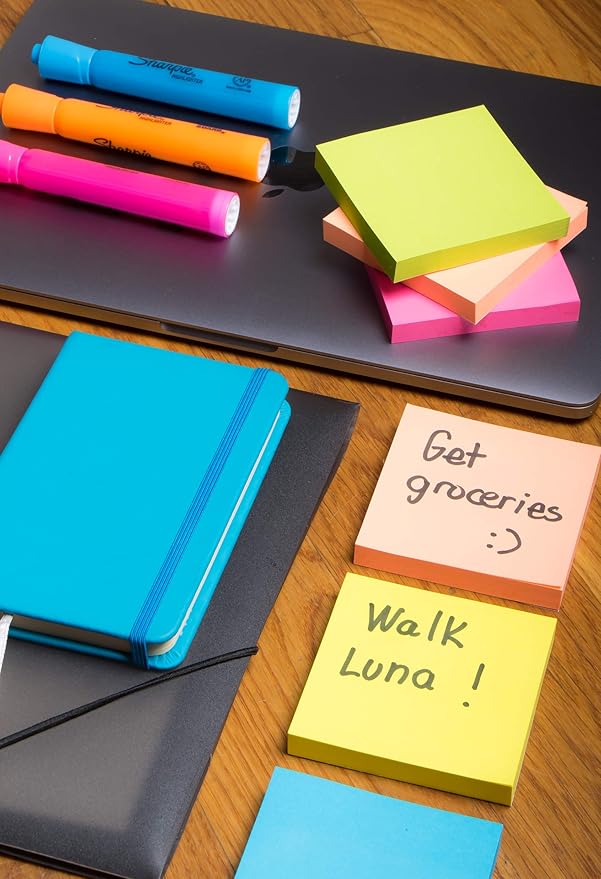 (6 Pack) Sticky Notes 3x3 in Bright Colored Super Self Sticky Pads - 100 Sheets/Pad - Easy to Post for School, Office Supplies, Desk Accessories