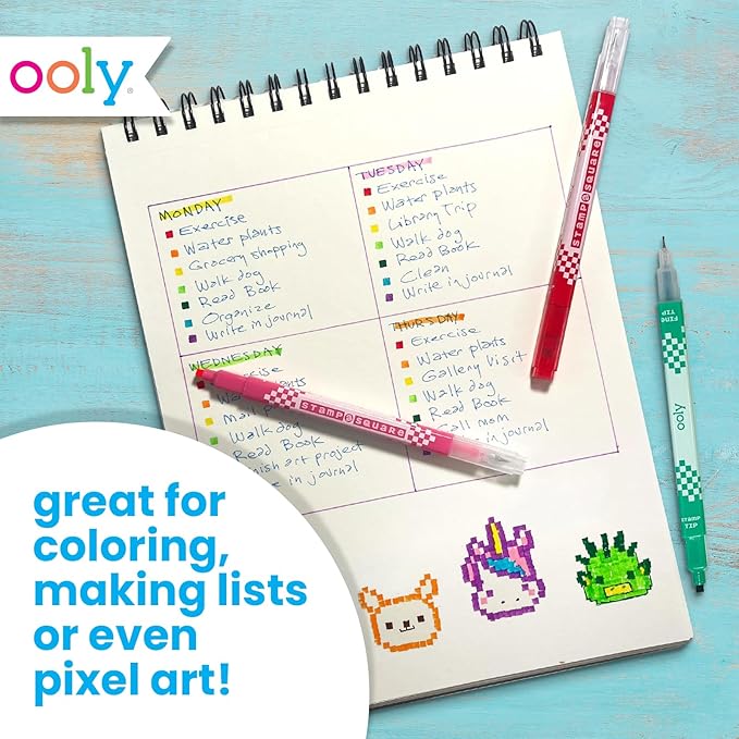 Ooly 12 Double-Sided Square Stamping Markers with a Square Stamp and 0.8mm Fine Point Tip on Each Side, Easter Activities for Kids, Ideal for Pixel Art, List Making and More