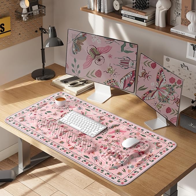 iLeadon Pink Large Desk Mat for Keyboard and Mouse,Ergonomic Massage Wrist Rest Set for Computer Keyboard,Big Flora Mouse Pad XXL+Cup Coaster with Non-Slip Base for Women Home Office,Pink Insect