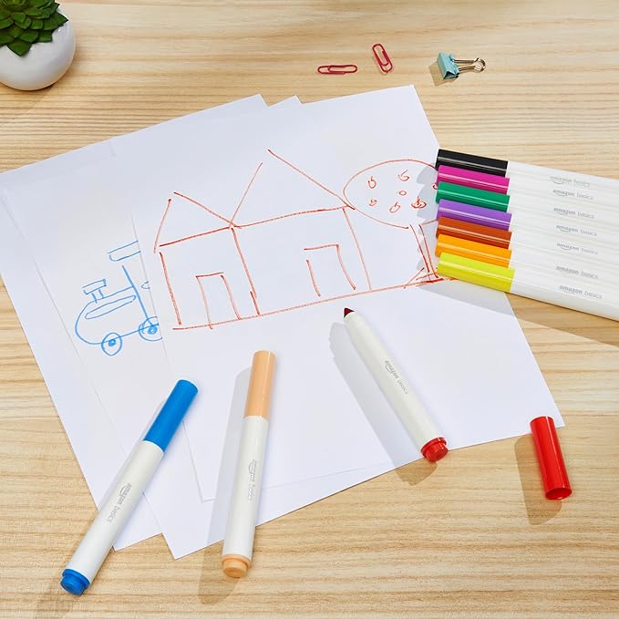 Amazon Basics Colored Markers Pack of 10, Broad Line Washable Markers, Multicolored for Drawing, School