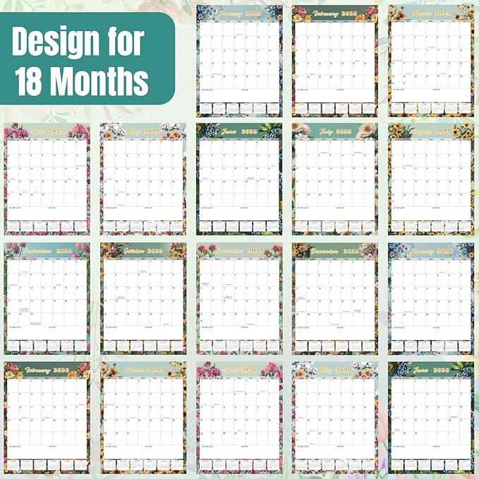 Gannyfer 2025 Wall Calendar, Large Wall Calendar 22"x17", 18 Monthly Hanging Calendar January 2025-June 2026, Yearly Planner Calendars with Plastic Cover, Thick Paper for Home School, or Office, Christmas Gifts for Women-Floral (6 Funny Stickers)