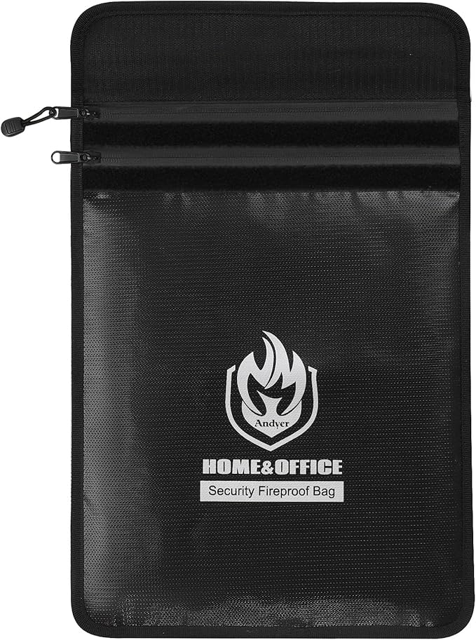 Upgraded Two Pockets Fireproof Document Bag (2000℉), andyer 15”x 11”Waterproof Fireproof Money Bag with Zipper, Waterproof Holder Pouch Fire Safe Envelope for Valuables, Legal Documents (Jet Black)