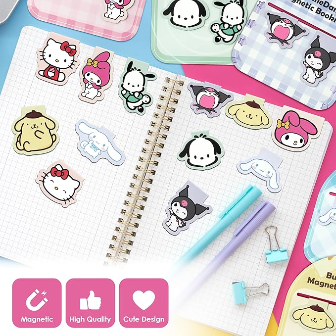 12Pcs Cute Magnetic Bookmarks Kawaii Cartoon Anime Kitty Melody Cinnamon Book Markers Page Clips School Office Stationery Supplies Gift for Kids Students Reading Lovers Bookworm Reader