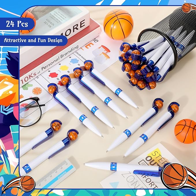 Zhanmai 24 Pcs Novelty Basketball Pens Sports Ballpoint Pens Basketball Party Favors Desk Cool Writing Tool for Students Supplies Stationery School Office Decor(Blue, White,Basketball)