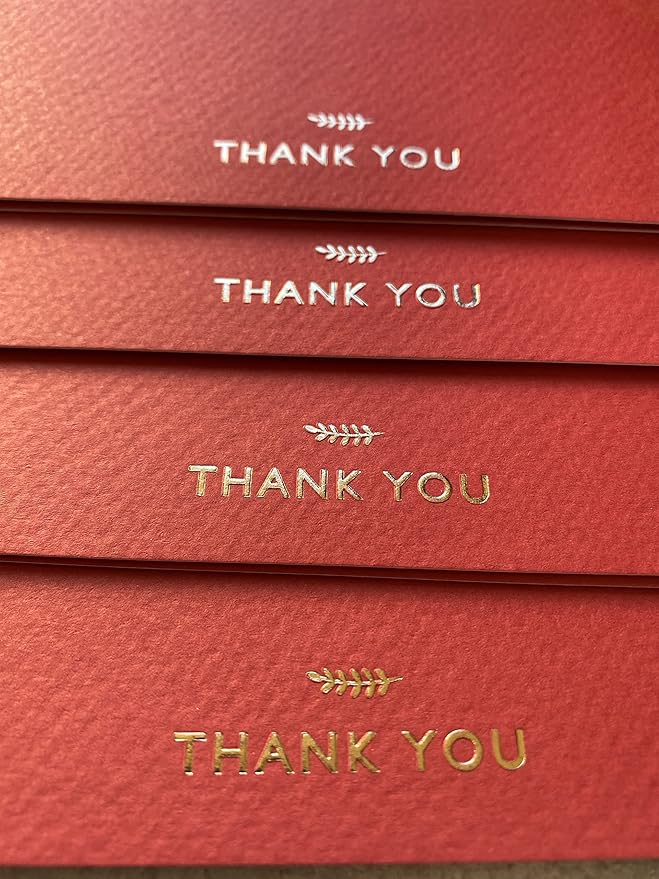 RUN2PRINT (36 Pack Thank You Cards With Envelopes & Stickers - Elegant Red Emboss Gold Foil Pressed - Blank Notes Wedding, Bridal, Baby Shower, Business and Formal All Occasion Cards (Folded)