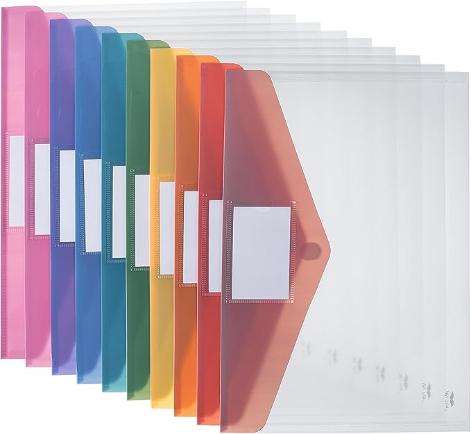 Mr. Pen- Plastic Envelopes, 10 Pack, A4, Letter Size, Colorful Flaps, Plastic File Folder with Label Pocket, Plastic Envelopes with Snap Closure, Plastic File Folders, Plastic Envelopes for Documents