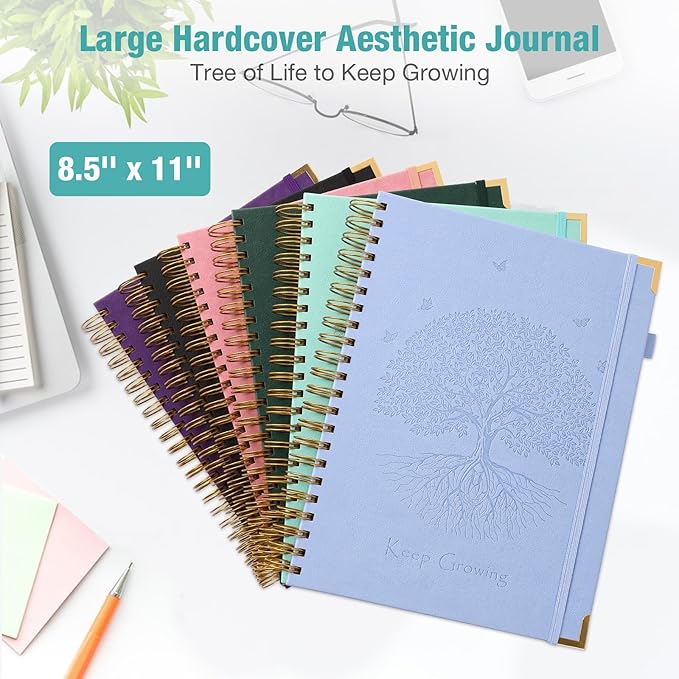 Spiral Notebook, College Ruled Notebook, 8.5" x 11", 300 Pages Leather Journals for Writing, A4 Hardcover Journaling Notebooks for Work School, 24pcs Tabs, Large Embossed Journal for Women Men, Black