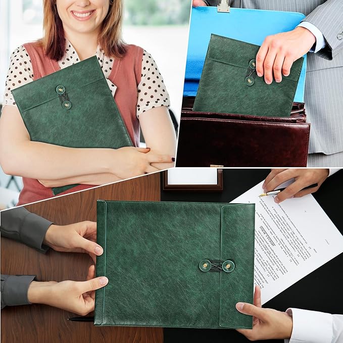 Green A4 PU Leather File Folders for Documents,Important Private File Organizer with String Tie Closure,Laptop Sleeve Notebook Case,Leather Portfolio Binder Envelopes, Filing Folder