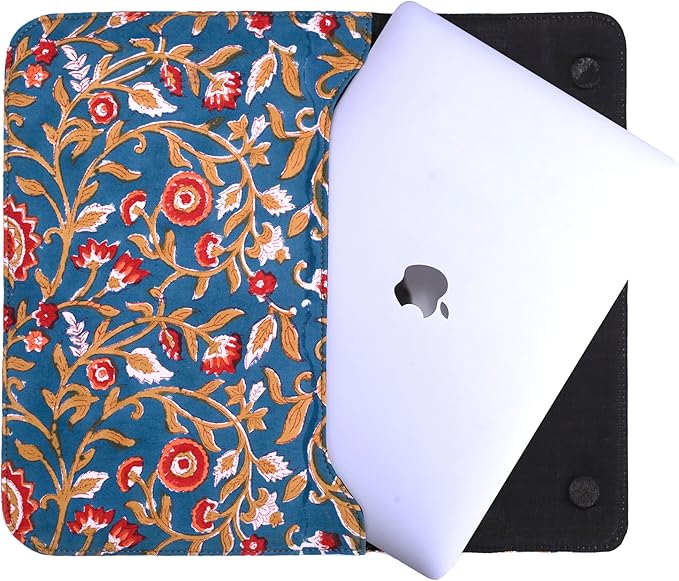 Cotton Hand Block Print Laptop Sleeve Case Bag Compatible with MacBook Air/Pro, 13-13.3 inch Water-Resistant Notebook, Travel Carrying Case Bag Protective Portable Computer Bag, Blue 2