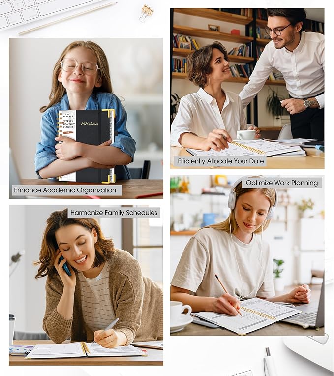 2026 Planner, Weekly and Monthly Calendar Planner from January 2026 - December 2026, 5.75" x 8.38" Hardcover Leather Hourly Appointment Book with Tabs, A5 Spiral Daily Planners for College School Work Home, Black