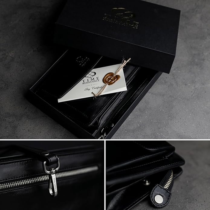 Time Resistance Leather Clutch for Men Organizer Wrist Bag Briefcase Handmade in Italy Gift Box Included