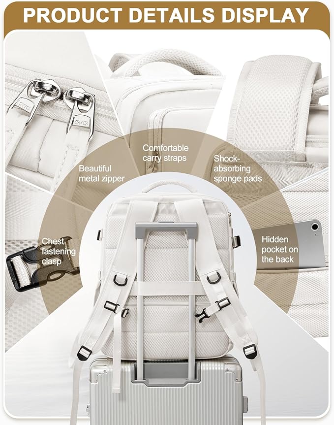 Large Travel Carry on Laptop Backpack for Women Men, Expandable Flight Approved Backpack, Waterproof Sports College bag Casual Daypack for Weekender Business Hiking with Beige