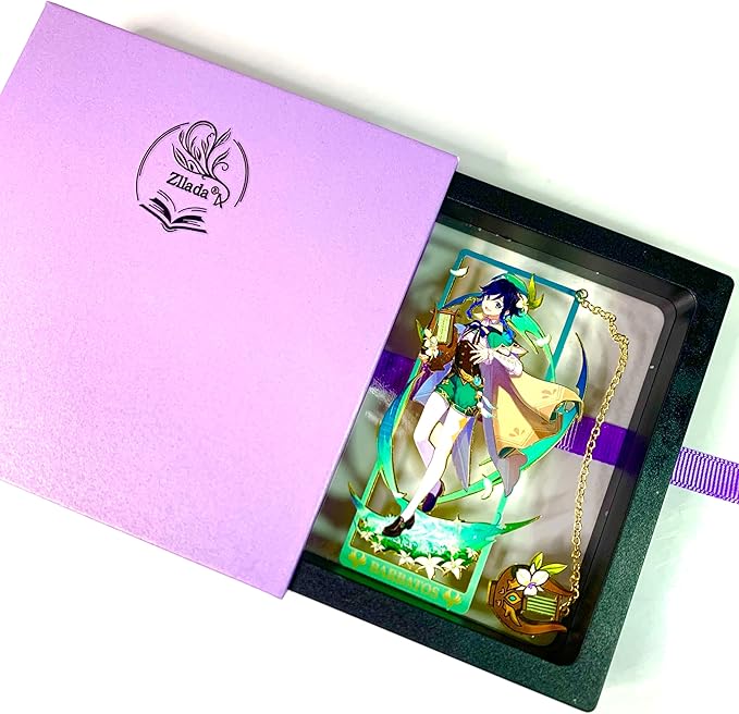 Genshin Impact Venti Brass Bookmarks with 3D Display Box for Women Men Sisters Friends - Ideal Birthday Gifts for Book Lovers - Zllada
