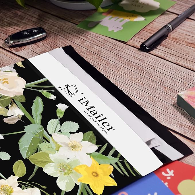iMailer-12" x 15.5"(100pcs) Poly Mailer Mailing Shipping Black Flower Envelope Package Bags-Self Seal…