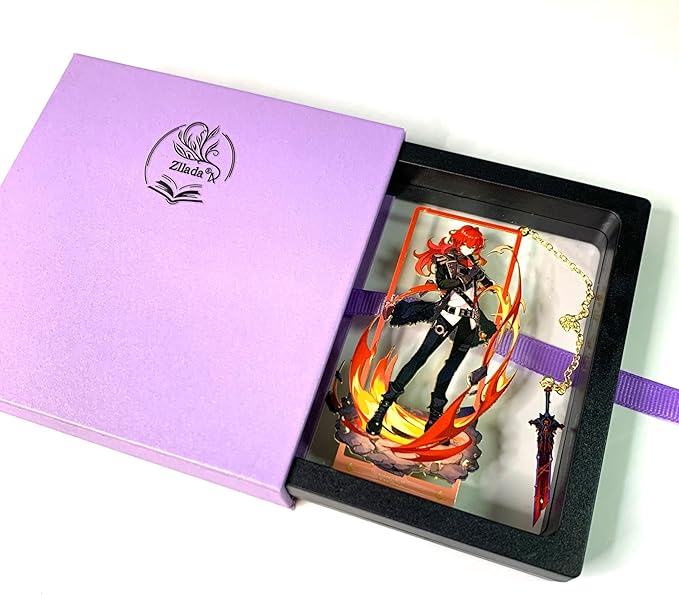 Metal Bookmarks - Genshin Impact Diluc Bookmarks Tabletop Decoration with 3D Display Box - Ideal Gifts for Book Lovers