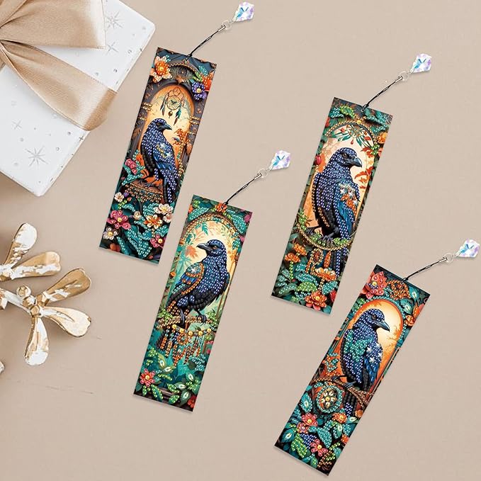 4-Piece Diamond Painting Bookmarks Set for Adults – DIY 5D Rhinestone Art Bookmarks with Tassels, Crow Design Diamond Art Bookmarks for Crafts and Gifts, Ideal Gift for Book Lovers