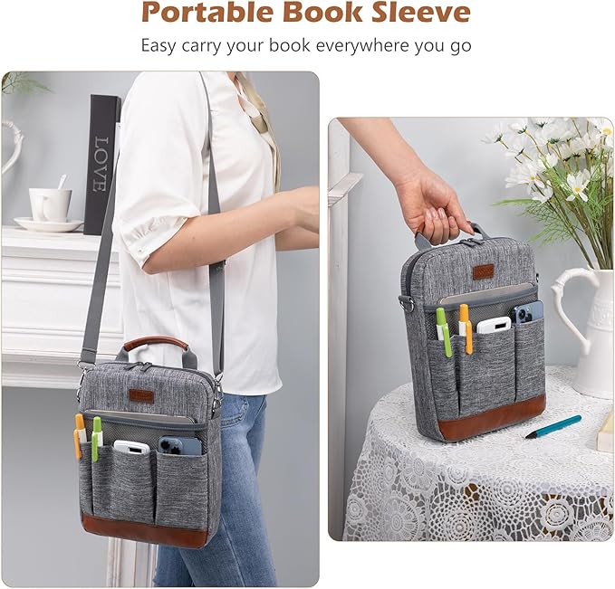 Book Sleeve with Zipper, Book Covers for Book Lovers, Multi-pocket Book Protector Cover with Shoulder Strap,Book Bag for Ipaad, kidle - Back To School Book Accessories