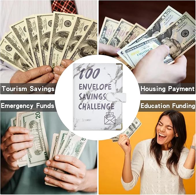 ATkits 100 Envelopes Challenge Binder Savings Challenges Book, A5 Money Saving Planner Cash Envelope Budget Binder with Erasable Pen, Easy and Fun Way to Save $5,050, 10,000 and $500 (Marble White)