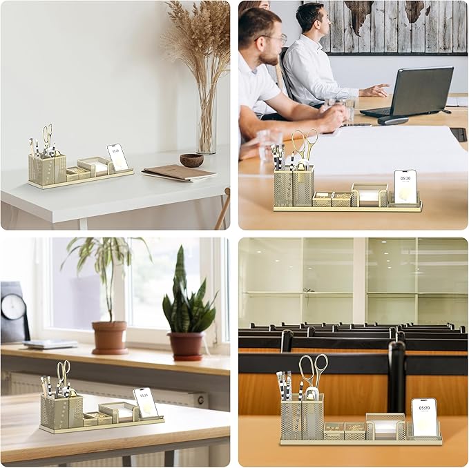 SUPEASY Pen Holder for Desk, 6 Piece Mesh Desk Organizer set, Desk Accessories for Office Organization with Mail Organizer, Letter Phone Holder, Sticky Notes Caddy Storage, Golden Yellow