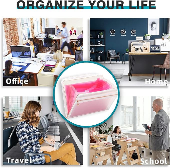 H4D 13 Pocket Expanding File Folder Organizer with Front Clear Pounch, Accordion File Organizer with Zipper Clourse, Fit for Letter Size Papers, Pink