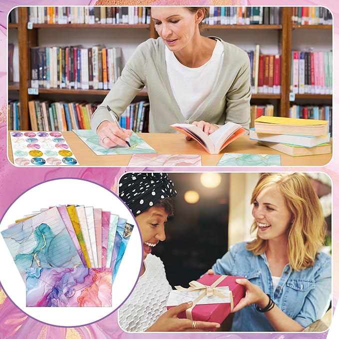 TaoBary 160 Packs Stationery Paper Set (50 Double Sided Stationery Writing Papers 50 Matching Envelopes) 60 Round Dot Sticker, 10 Design(Marble,8.5 x 11 Inch)