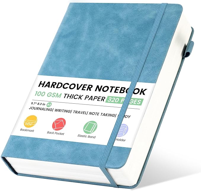 CAGIE Lined Journal Notebook, 320 Pages College Ruled Notebook, 100 Gsm Paper Thick Journal, A5 Hardcover Leather Journals for Writing Women Men, 5.7x8.3 In, Blue