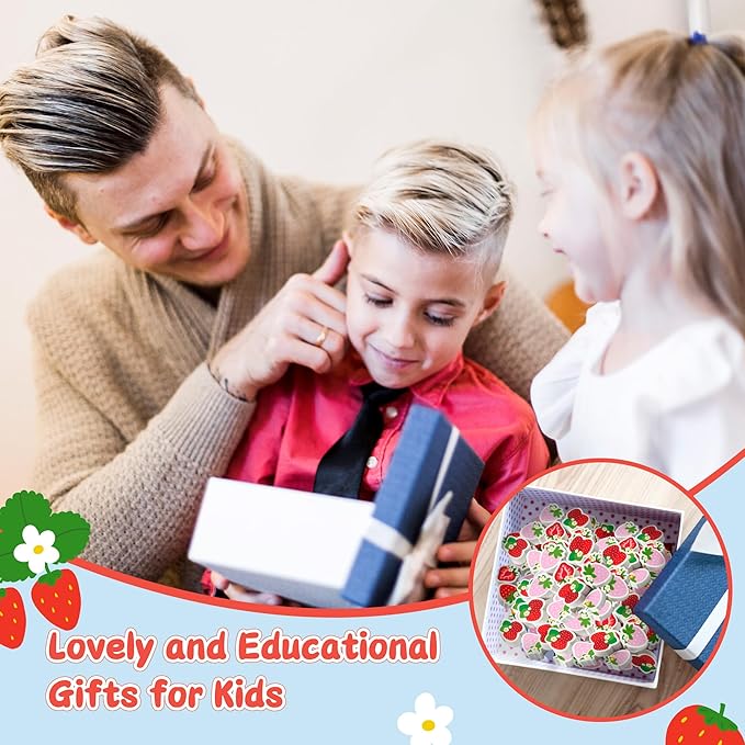 CJiangpo 60Pcs Strawberry Mini Eraser for Kids Bulk - Cute Fruit Pencil Rubber Eraser Birthday Party Favors Filler Back to School Classroom Prizes Gifts