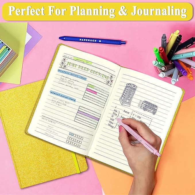 GINMLYDA A5 Glitter Notebook, Hardcover 160 Pages Never Peel Off Sparkle Glitter Lined Journal Notebook for Women Girls Writing Note Taking Works School Gift (Golden-8.3 x 5.7 Inches)