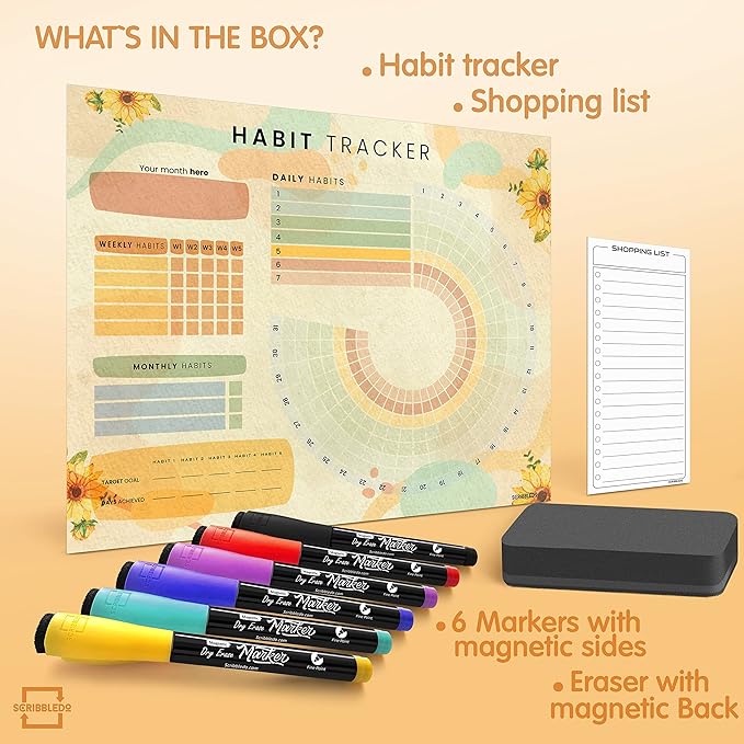 Habit Tracker Journal Workout Motivation Fridge Calendar Dry Erase 13β X 17β Magnet Health Fitness Goal Tracker Goals Board - with Shopping Grocery List - 6 Markers Included
