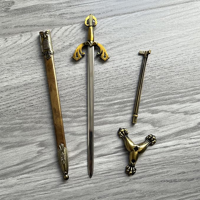 Metal Stainless Steel Sword Letter Opener with Stand,Medieval Vintage Gold Handle,Mini Sword,Lightweight Hand Envelope Slitter,Special Gift