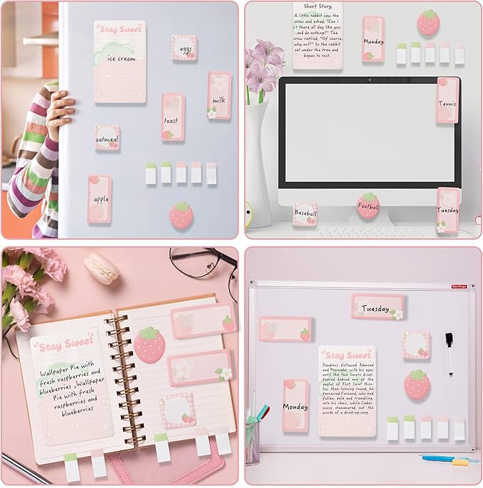 Life is Berry Sweet Sticky Notes Set, 550 Sheets, Strawberry Pattern Self-Stick Notes Pads Summer Fruit Divider Tabs Bundle Writing Memo Pads Back to School Office Supplies Small Gift