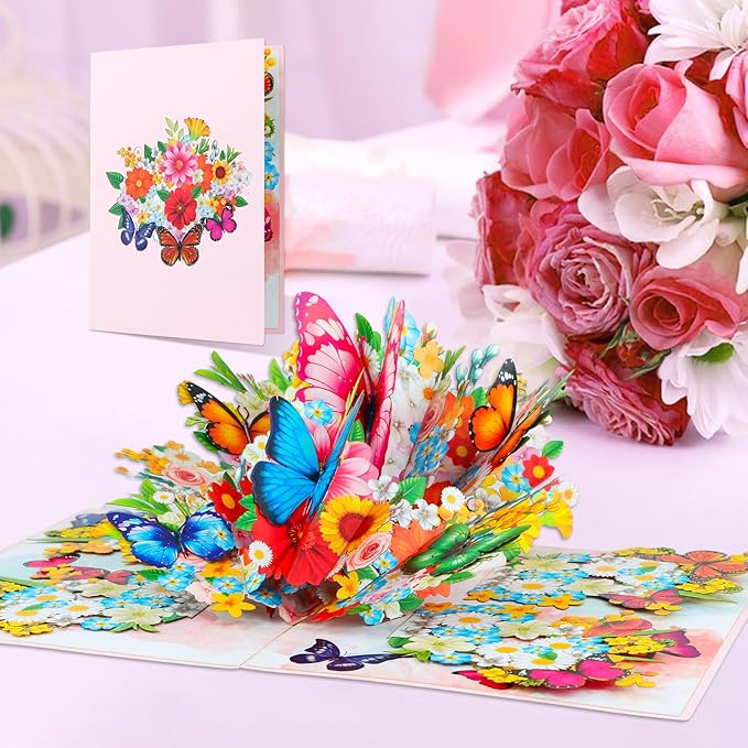 D4DREAM 3D Floral Butterfly Card for Women - Mothers Day Butterfly Pop Up Card Mothers Day Greeting Cards with Envelope Flowers Pop Up 3D Birthday Gift for Her Wife Mom Grandma