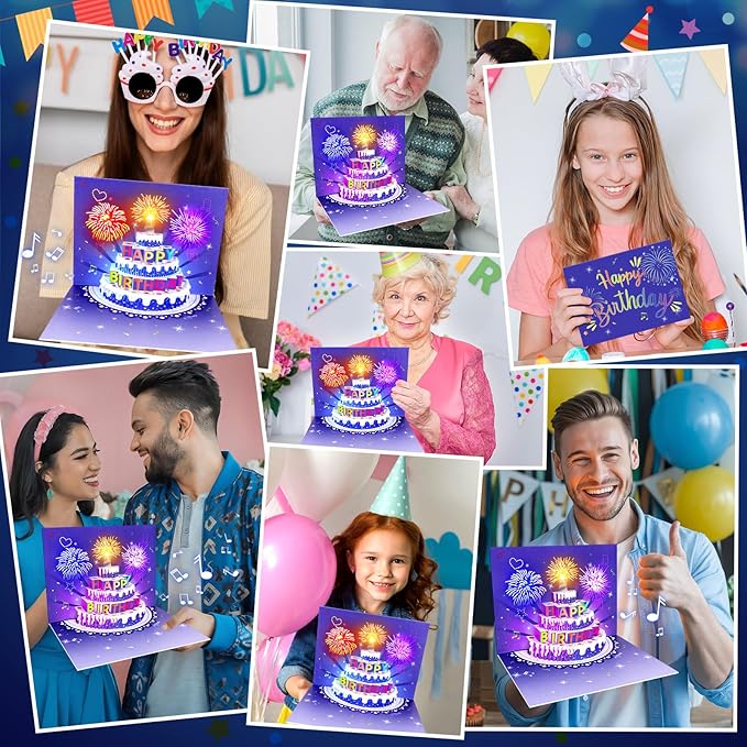 Birthday Cards Fireworks Pop Up Cake Light and Music Happy Birthday Card Gift for Women, Men, Mom, Grandma