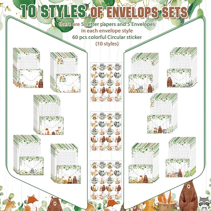 TaoBary 160 Packs Stationery Paper Set (50 Double Sided Stationery Writing Papers 50 Matching Envelopes) 60 Round Dot Sticker, 10 Design(Land Animal,5.5 x 8.25 Inch)