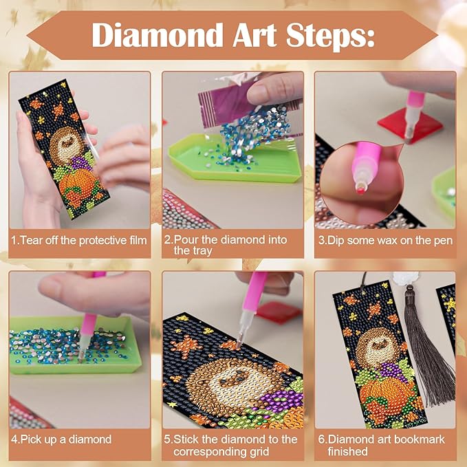 Anseal 3 Pcs 5D Thanksgiving Diamond Bookmarks Painting for Book Lovers, PU Leather Diamond Dotz Art Bookmark for Adults, Tassel Beaded Book Mark for Graduation Birthday Thanksgiving Reading Present