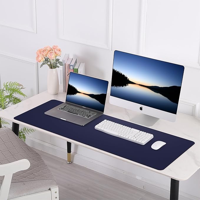 Leather Desk pad Protector, Large Desk mat with Natural Cork & PU Leather,Mouse pad,Non-Slip Office Desk Mat,Waterproof Desk Writing Pad for Office and Home (47in*23.7in, Blue)