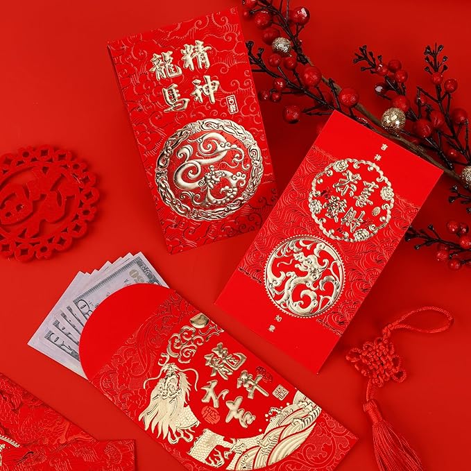 36PCS Chinese Red Envelopes, Chinese New Year Red Envelopes 2024 Dragon Lucky Money Red Packet Envelopes Hong Bao with Classic Chinese Patterns and Blessing Words (6 Styles)