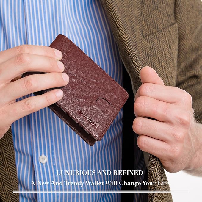 RUNBOX Wallet for Men Slim Rfid Leather 2 ID Window With Gift Box