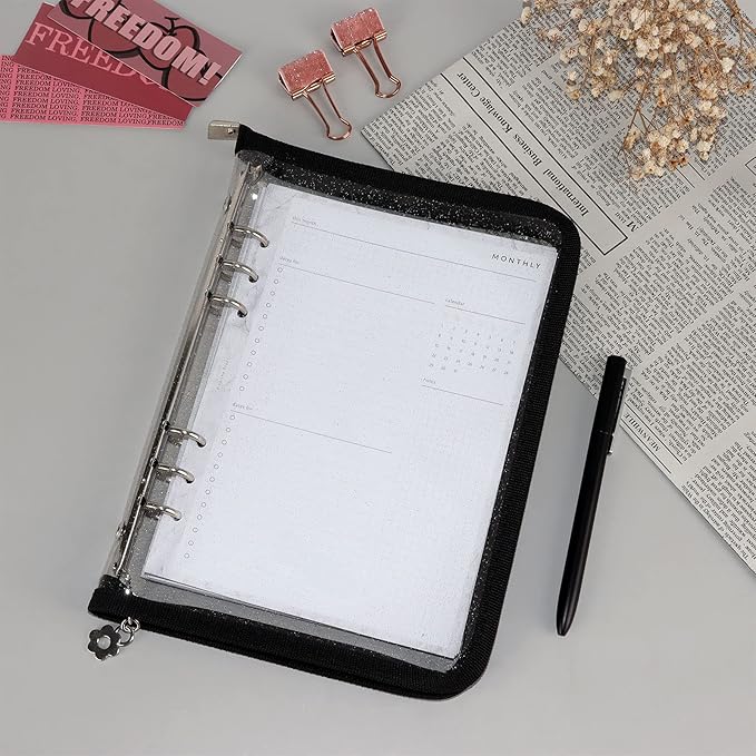 Multibey A5 Binder Cover Clear Soft PVC 6-Ring Binder Budget Evelopes System with Zipper Planner Organizer Refillable Notebook Journal Binder (Black, A5)