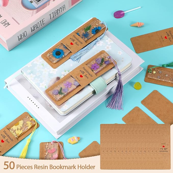 Fumete 50 Pieces Resin Bookmark Holder 5.9 x 1.8 Inches Kraft Bookmark Sleeves DIY Bookmarks Display Cards for Bookmark Wrapping Small Business Packaging Supplies Party Favor Gift (Brown, Warm)