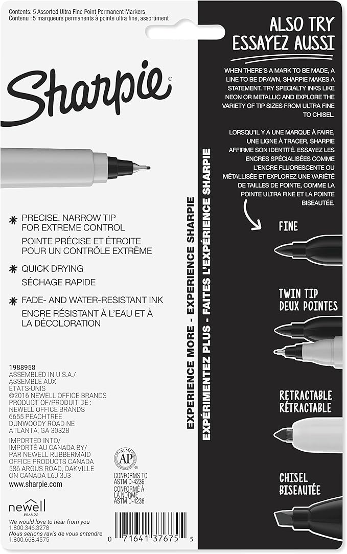 Sharpie 37675PP Permanent Markers, Ultra Fine Point, Assorted Colors, 5 Count