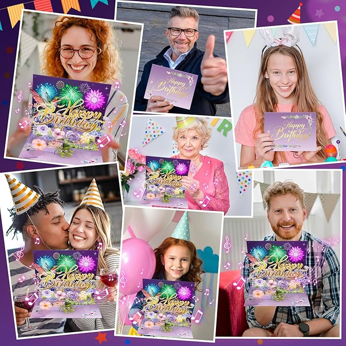 Birthday Card, Musical Pop Up Birthday Cards w Firework Lights, Play Happy Birthday Music Pop Up Card, Greeting Cards Gifts for Him or Her, Hummingbird