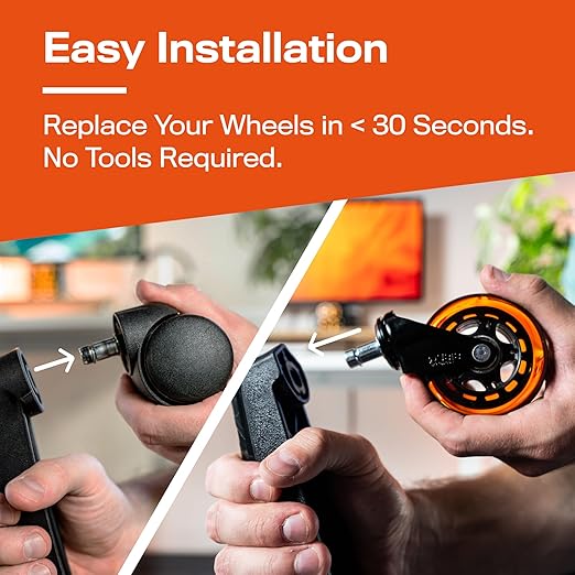 The Office Oasis Original Roller Style Office Chair Wheels (As Seen On PBS) - Smooth & Quiet Casters - Safe for Hardwood Floors & Carpet - Easy Install with Universal Fit - Set of 5 - Orange