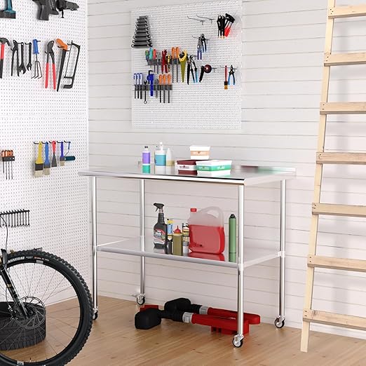 Stainless Steel Table 24 x 48 Inches with 4 Wheels,Metal Prep Table with Backsplash & Adjustable Undershelf for Commercial Kitchen, Outdoor, Restaurant, Hotel & Garage