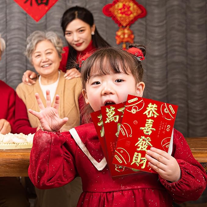 36pcs Chinese Red Envelopes, New Year Hong Bao with Classic Patterns and Blessing Words Lucky Money Lunar New Year Envelopes Lai See Pocket Gift Packet for Festival