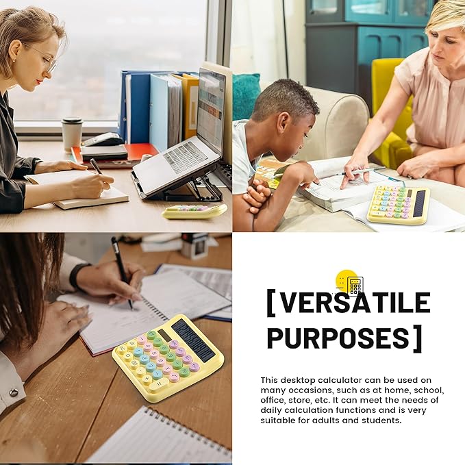 Golcellia Calculators Desktop, Yellow Mechanical Calculator, Cute Calculator 12 Digit Desk Basic Calculator Large Display, Dual Power Solar Battery, Office Home School Supplies for Adults & Students